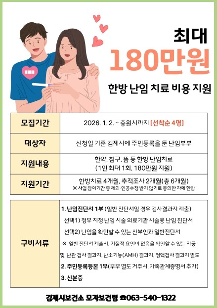 김제시, 2026년 한방 난임부부 지...